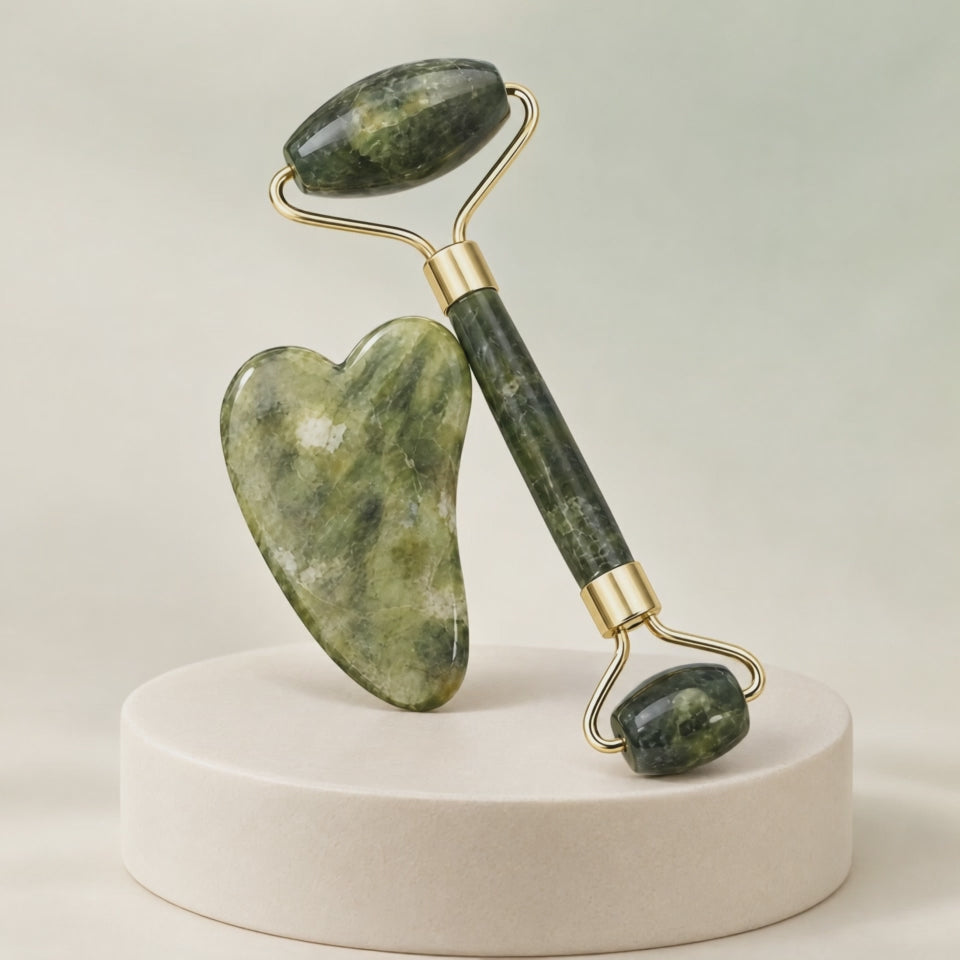 Jade · Rodillo y piedra gua sha